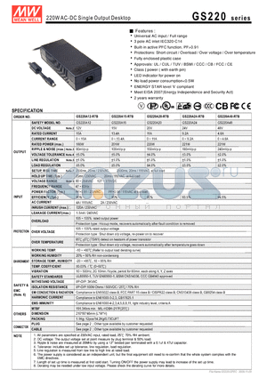 GS220A15-R7B datasheet - 220WAC-DC Single Output Desktop