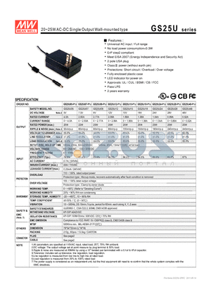 GS25U07 datasheet - 20~25WAC-DC Single Output Wall-mounted type