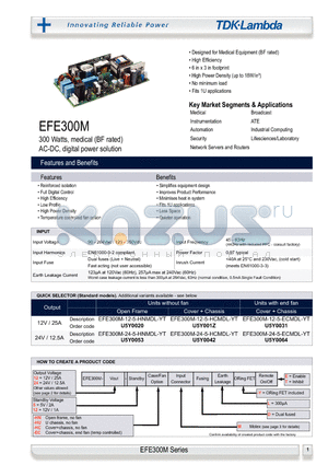 EFE300M-12-5-HNMDL-YT datasheet - 300 Watts, medical (BF rated) AC-DC, digital power solution