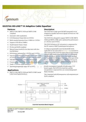 GS2974A datasheet - HD-LINX III Adaptive Cable Equalizer