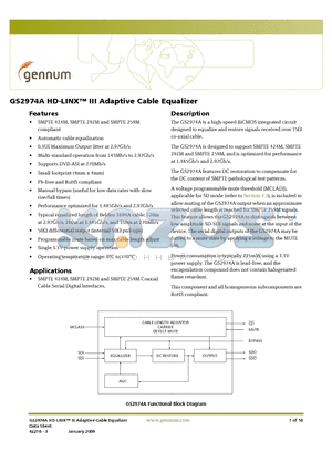 GS2974ACNTE3Z datasheet - HD-LINX III Adaptive Cable Equalizer