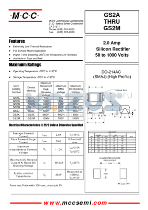GS2B datasheet - 2.0 Amp Silicon Rect.0 Amp Silicon Rectifier 50 to 1000 Voltsifier 50 to 1000 OLTS