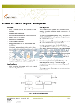 GS2974B datasheet - HD-LINX III Adaptive Cable Equalizer