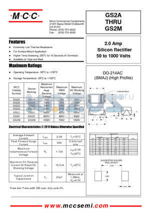 GS2G datasheet - 2.0 Amp Silicon Rect.0 Amp Silicon Rectifier 50 to 1000 Voltsifier 50 to 1000 OLTS