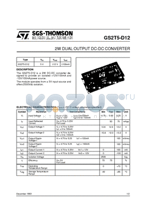 GS2T5-D12 datasheet - 2W DUAL OUTPUT DC-DC CONVERTER