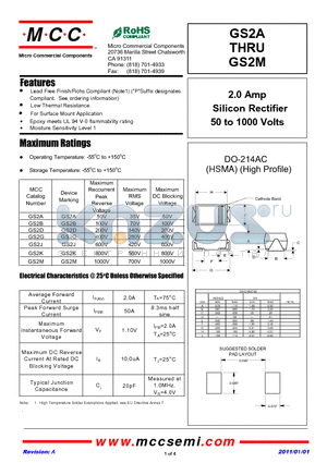 GS2M datasheet - 2.0 Amp Silicon Rectifier 50 to 1000 Volts