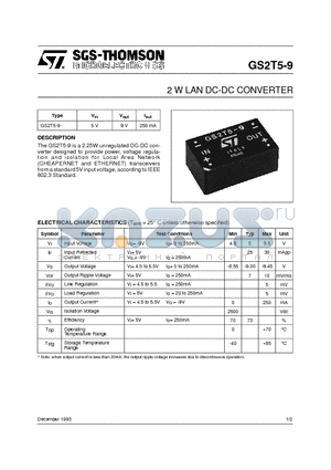 GS2T5-9 datasheet - 2 W LAN DC-DC CONVERTER