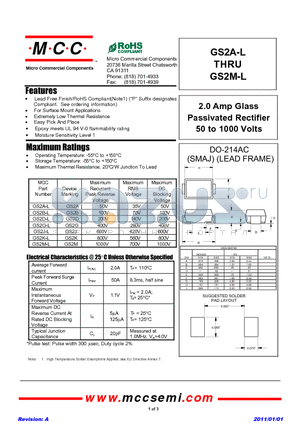 GS2M-L datasheet - 2.0 Amp Glass Passivated Rectifier 50 to 1000 Volts