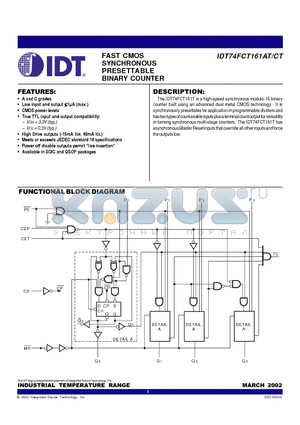 IDT74FCT161ATSO datasheet - FAST CMOS SYNCHRONOUS PRESETTABLE BINARY COUNTER