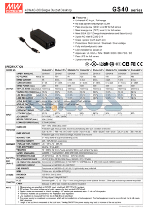 GS40A05-P1J datasheet - 40WAC-DC Single Output Desktop