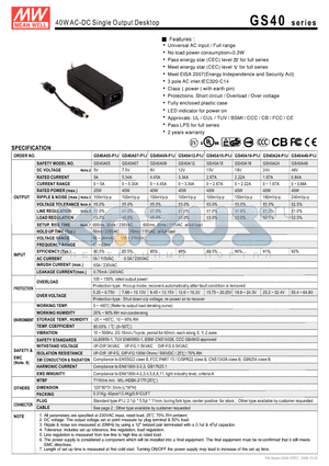 GS40A07-P1J datasheet - 40WAC-DC Single Output Desktop