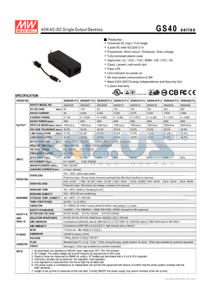 GS40A05-P1J datasheet - 40WAC-DC Single Output Desktop