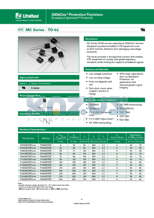 P2300ECMCLXXX datasheet - MC Series TO-92 are low capacitance SIDACtor^ devices designed to protect