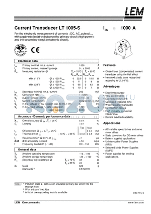 LT1005-S datasheet - Current Transducer LT 1005-S