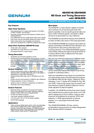 GS4900B datasheet - SD Clock and Timing Generator with GENLOCK