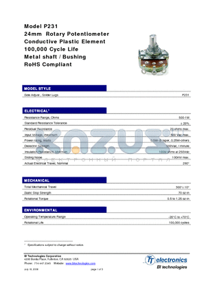 P231 datasheet - 24mm Rotary Potentiometer Conductive Plastic Element 100,000 Cycle Life Metal shaft / Bushing RoHS Compliant