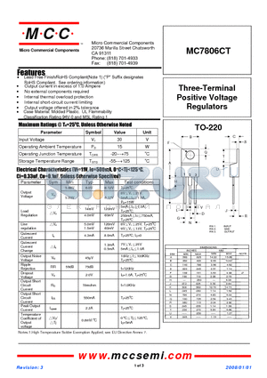 MC7806CT-BP datasheet - Three-Terminal Positive Voltage Regulators