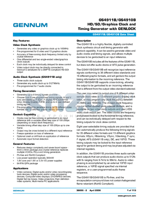 GS4910B datasheet - HD/SD/Graphics Clock and Timing Generator with GENLOCK