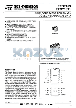 EFG7189 datasheet - DTMF GENERATOR FOR BINARY CODED HEXADECIMAL DATA