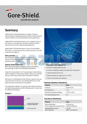 GS5200EMI datasheet - GORE-SHIELD^ GS5200 EMI Gasket is a highly conductive, adhesive-backed, EMI gasketing material that is ideally suited for wireless infrastructure and telecommunications applications.