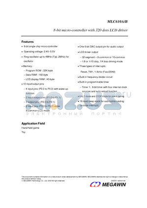 MLC610A datasheet - 8-bit micro-controller with 320 dots LCD driver