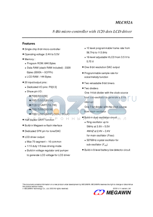 MLC852A datasheet - 8-Bit micro-controller with 1120 dots LCD driver