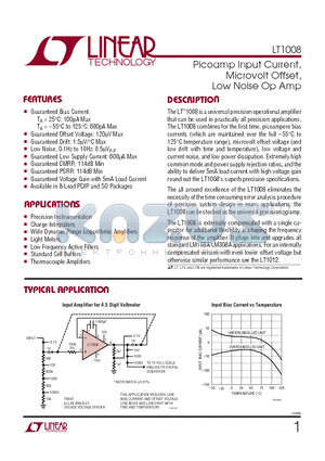LT1008IN8 datasheet - Picoamp Input Current, Microvolt Offset, Low Noise Op Amp