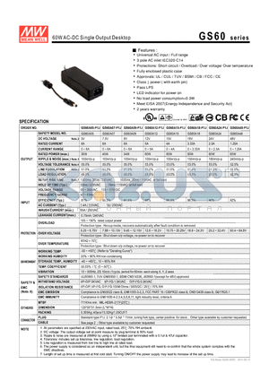 GS60 datasheet - 60WAC-DC Single Output Desktop