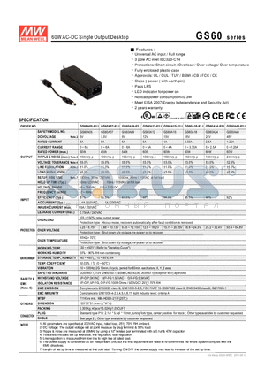 GS60A05-P1J datasheet - 60WAC-DC Single Output Desktop