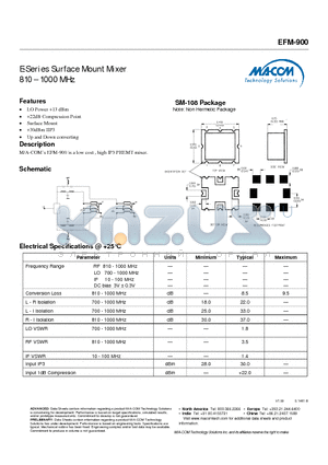 EFM-900 datasheet - E-Series Surface Mount Mixer 810 - 1000 MHz