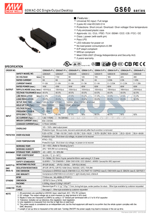 GS60A18-P1J datasheet - 60WAC-DC Single Output Desktop