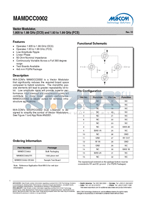 MAMDCC0002TR datasheet - Vector Modulator, 1.805 to 1.88 GHz (DCS) and 1.93 to 1.99 GHz (PCS)