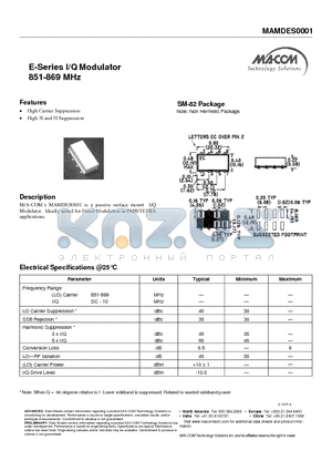 MAMDES0001 datasheet - E-Series I/Q Modulator 851-869 MHz
