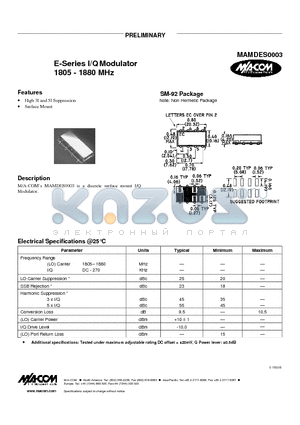 MAMDES0003 datasheet - E-Series I/Q Modulator 1805 - 1880 MHz