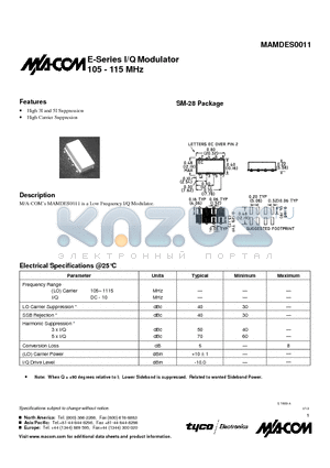 MAMDES0011 datasheet - E-Series I/Q Modulator 105 - 115 MHz