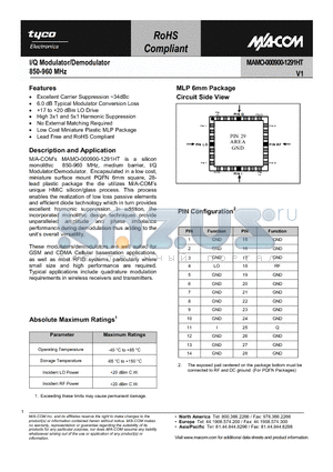 MAMO-000900-1291HT datasheet - I/Q Modulator/Demodulator 850 - 960 MHz