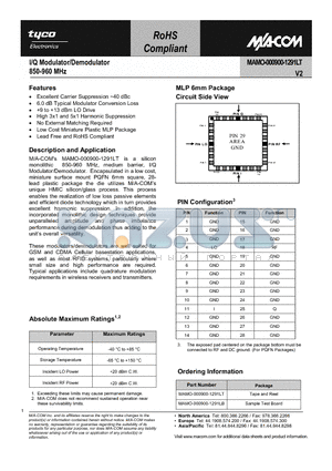 MAMO-000900-1291LT datasheet - I/Q Modulator/Demodulator 850 - 960 MHz