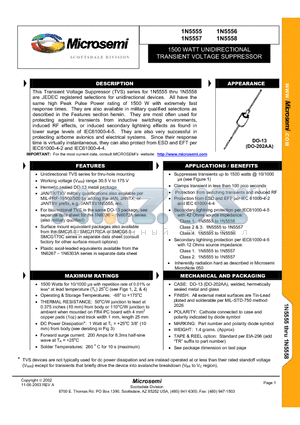 JANTXV1N5556 datasheet - 1500 WATT UNIDIRECTIONAL TRANSIENT VOLTAGE SUPPRESSOR