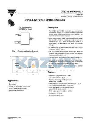 GS6333UR22D1 datasheet - 3 Pin, Low-Power, P Reset Circuits