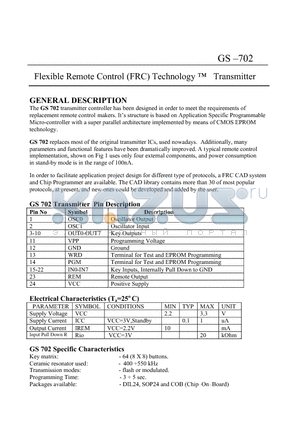 GS702 datasheet - Flexible Remote Control (FRC) Technology Transmitter