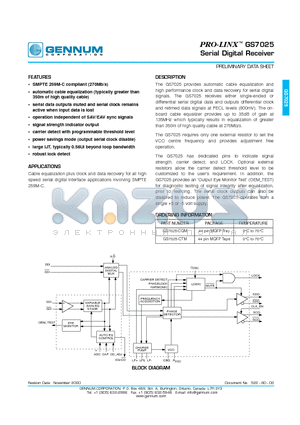 GS7025 datasheet - Serial Digital Receiver