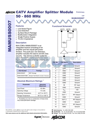 MAMUSS0007 datasheet - CATV Amplifier Splitter Module 50 - 860 MHz