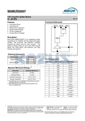 MAMUSS0007 datasheet - CATV Amplifier Splitter Module 50 - 860 MHz