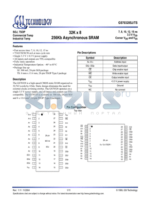 GS70328SJ-12I datasheet - 32K x 8 256Kb Asynchronous SRAM