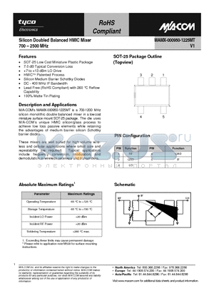 MAMX-000950-1225MT datasheet - Silicon Doubled Balanced HMIC Mixer 700 - 2500 MHz