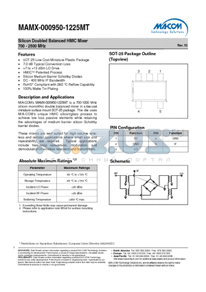 MAMX-000950-1225MT datasheet - Silicon Doubled Balanced HMIC Mixer 700 - 2500 MHz