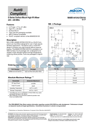 MAMX-007242-ES0103 datasheet - E-Series Surface Mount High IP3 Mixer 235 - 245 MHz