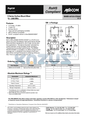 MAMX-007253-ES0067 datasheet - E-Series Surface Mount Mixer 10 - 2000 MHz