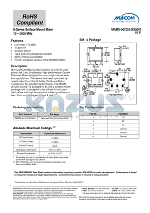 MAMX-007253-ES0067 datasheet - E-Series Surface Mount Mixer 10 - 2000 MHz