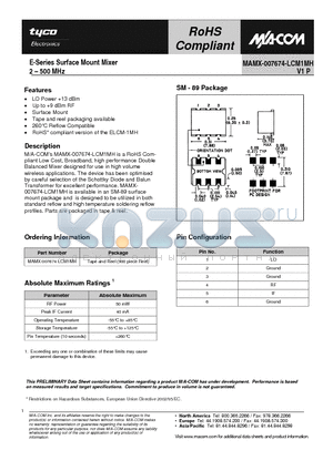 MAMX-007674-LCM1MH datasheet - E-Series Surface Mount Mixer 2 - 500 MHz